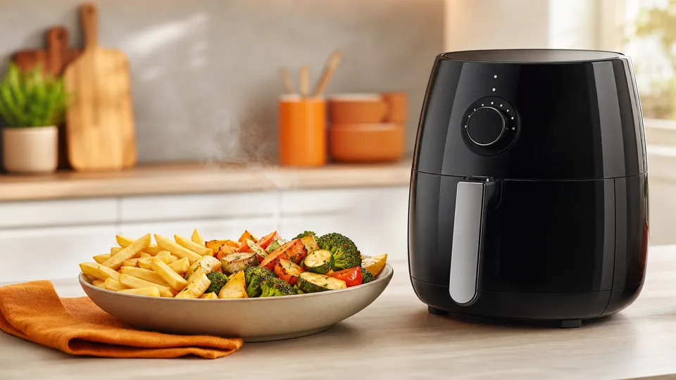 KI-generiertes Motiv: Airfryer mit Gemüse und Pommes in einer hellen Küche