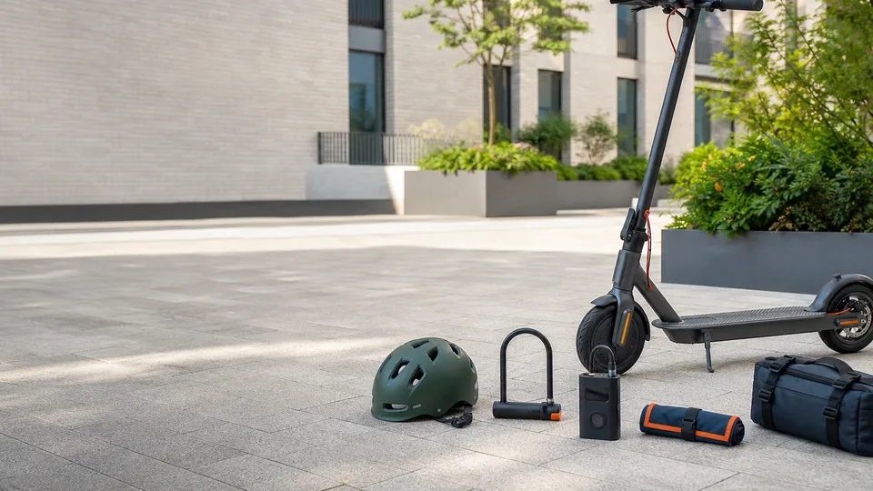 KI-generiertes Motiv: E-Scooter mit Helm, Schloss, Pumpe und Werkzeug