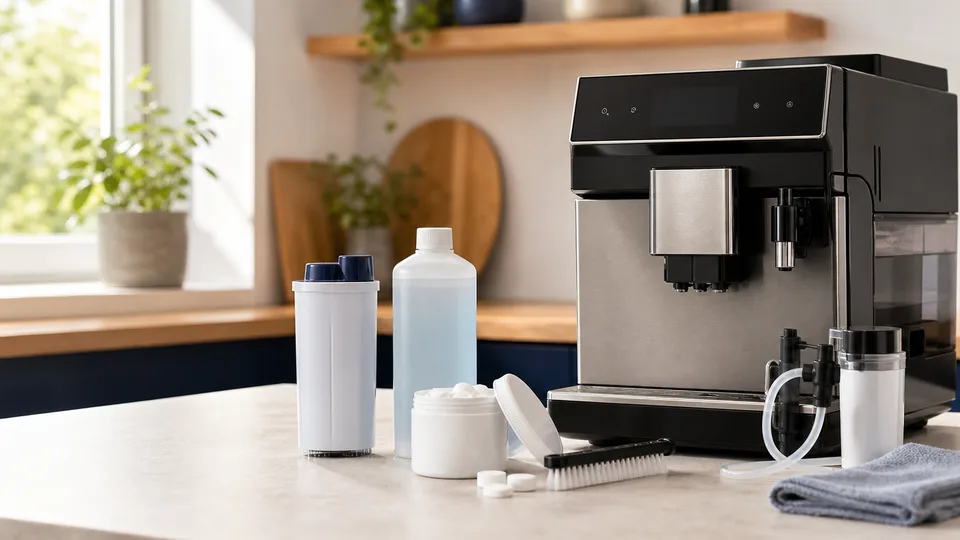 KI-generiertes Motiv: Kaffeevollautomat mit Pflegezubehör