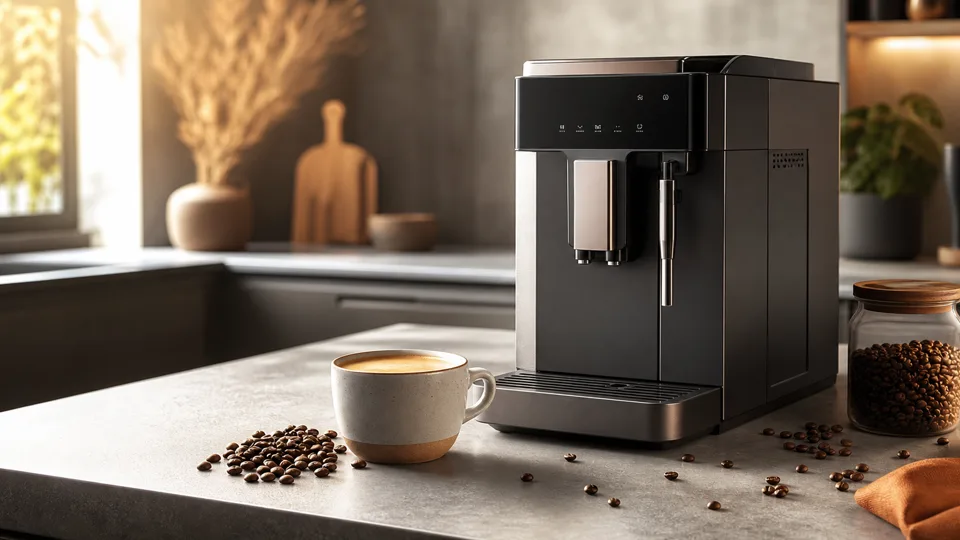 KI-generiertes Motiv: Kaffeevollautomat auf einer hellen Küchenzeile