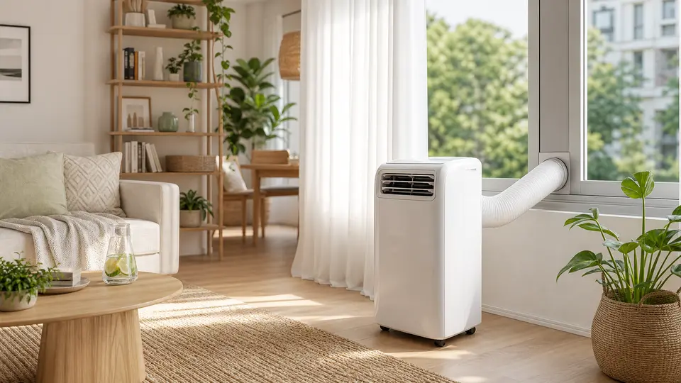 KI-generiertes Motiv: mobile Klimaanlage mit Abluftschlauch in einem hellen Sommerzimmer
