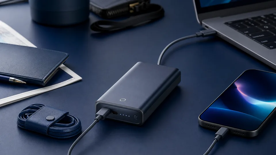 KI-generiertes Motiv: Powerbank lädt Smartphone und Laptopkabel