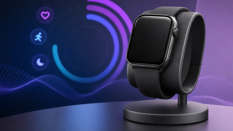 KI-generiertes Motiv: moderne Smartwatch in violett-blauem Licht